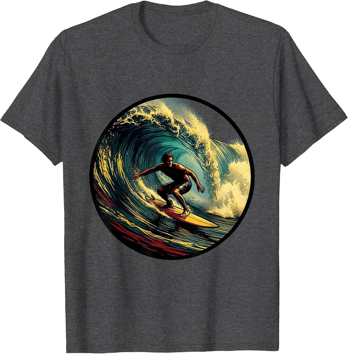 Retro Surfer Riding Massive Curling Wave T-Shirt - Dark Heather Grey