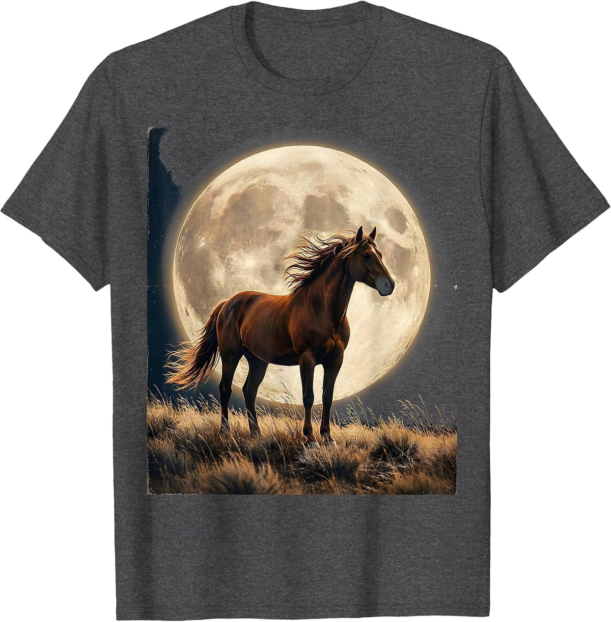 Men's Horse Silhouette Giant Full Moon Night Sky Design T-Shirt - Dark Heather Grey