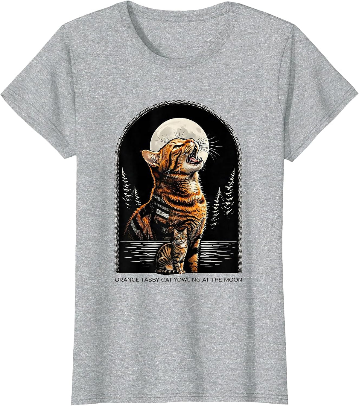 Orange Tabby Cat Yowling at the Moon 90's Retro Nature Art T-Shirt - Heather Grey
