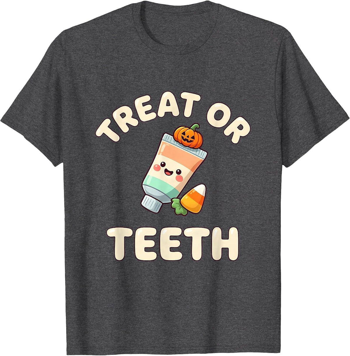 Treat Or Teeth Cute Kawaii Dental Hygienist Halloween Humor T-Shirt - Dark Heather Grey