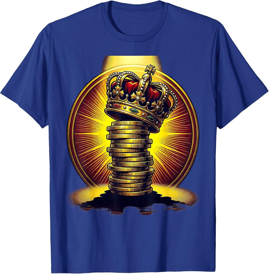 Gold Coin Stack Crown Gambling Illustration T-Shirt - Royal Blue
