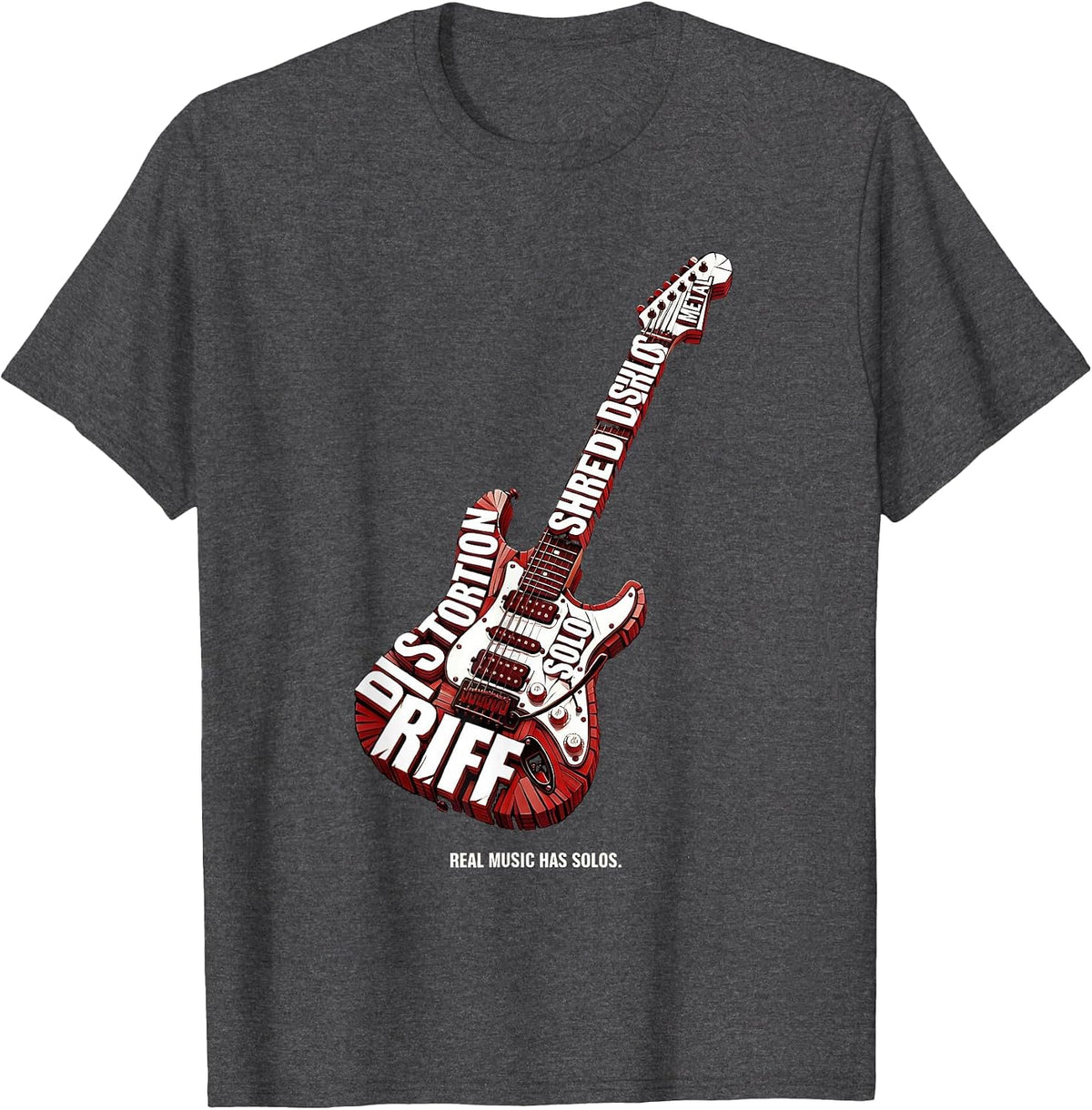 Men's Real Music Has Solos Metal Guitar Design T-Shirt - Dark Heather Grey