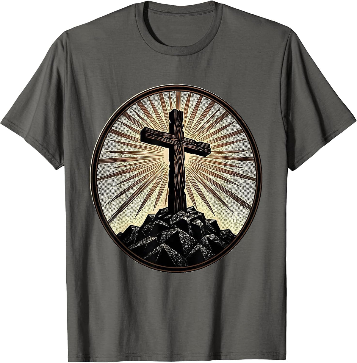 Wooden Cross on Rocky Hilltop Sunset Design T-Shirt - Asphalt Grey