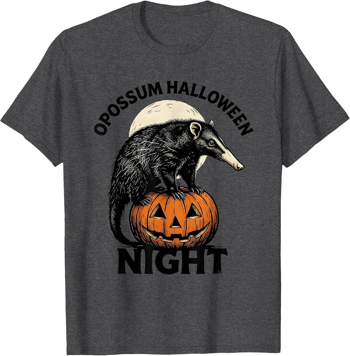 Opossum Halloween Night Linocut Spooky Moon Novelty T-Shirt - Dark Heather Grey