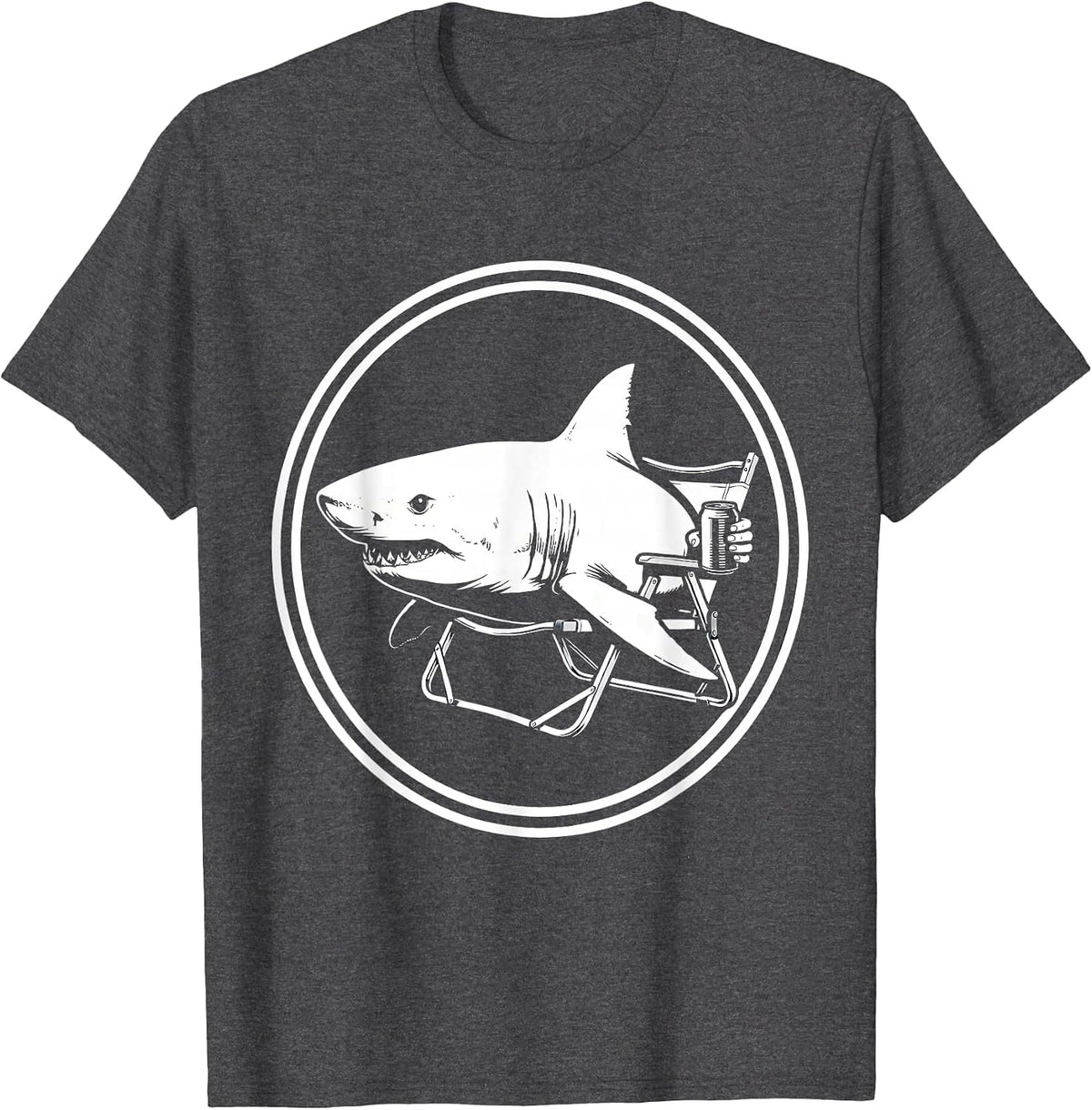 Shark Relaxing In Lawn Chair With Beer Graphic T-Shirt - Dark Heather Grey