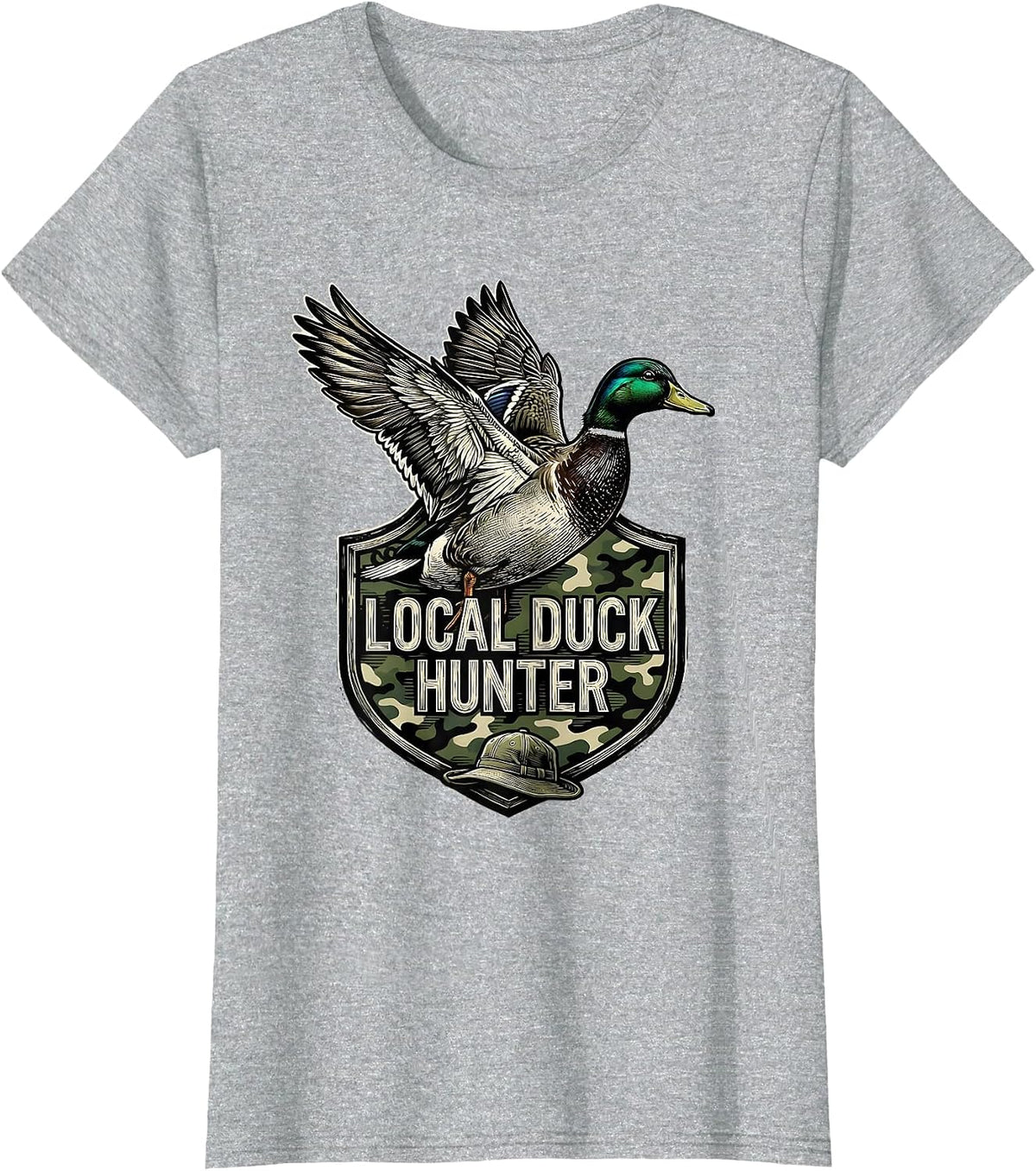 Local Duck Hunter Woodcut Engraving Youth Camo Hunting Boy T-Shirt - Heather Grey