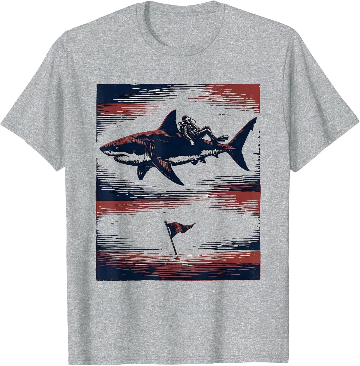 Men's Shark Silhouette Scuba Diver Linocut Humor Gift T-Shirt - Heather Grey