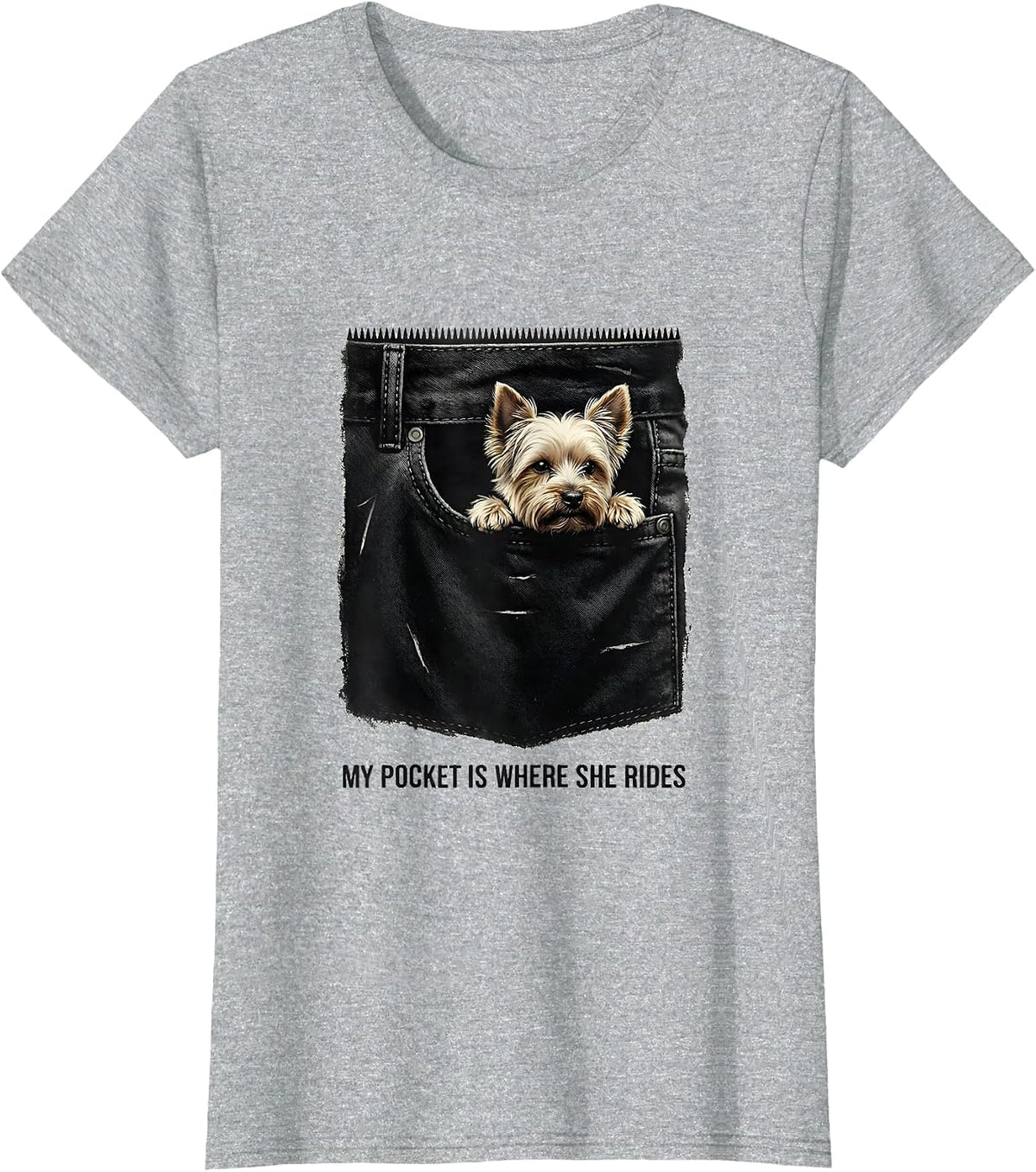 My Pocket Is Where She Rides Funny Yorkshire Terrier Dog T-Shirt - Heather Grey