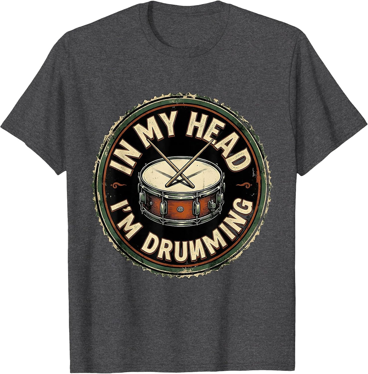 In My Head I'm Drumming Vintage Drummer Design T-Shirt - Dark Heather Grey