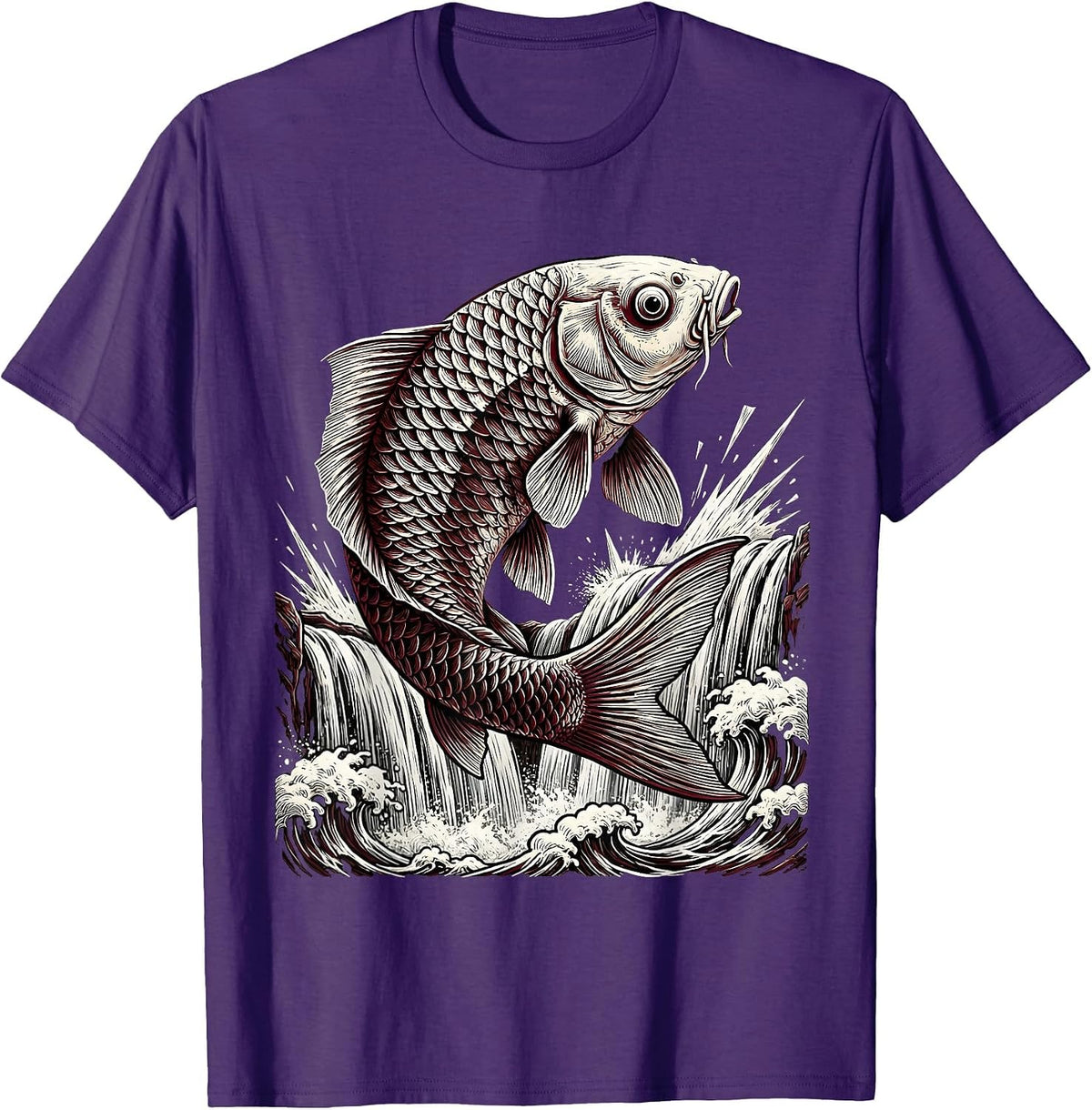 Men's Giant Koi Leaping Over Crashing Waterfall Anime T-Shirt - Purple