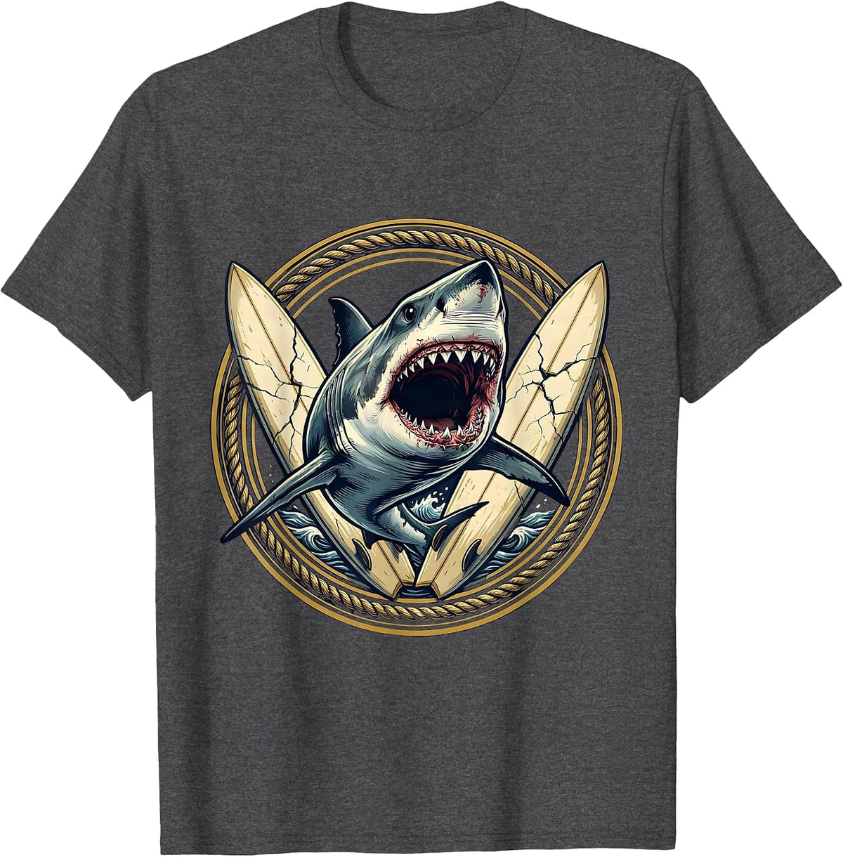 Men's Shark Bursting Through Vintage Surfboard Graphic T-Shirt - Dark Heather Grey