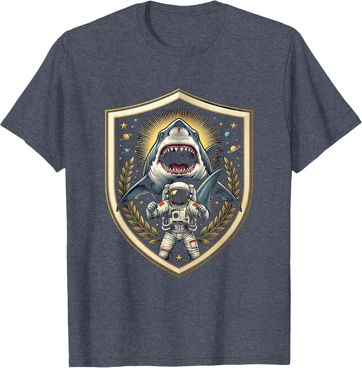 Astronaut Riding a Great White Shark T-Shirt - Heather Blue