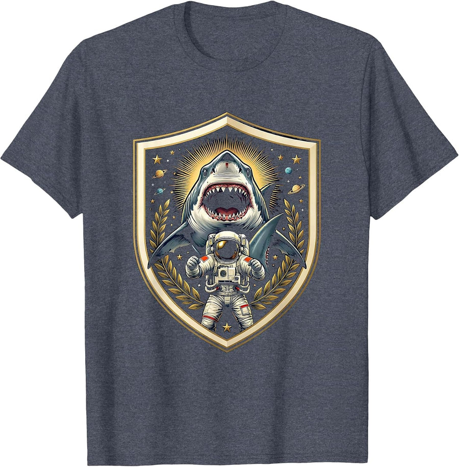Astronaut Riding a Great White Shark T-Shirt - Heather Blue