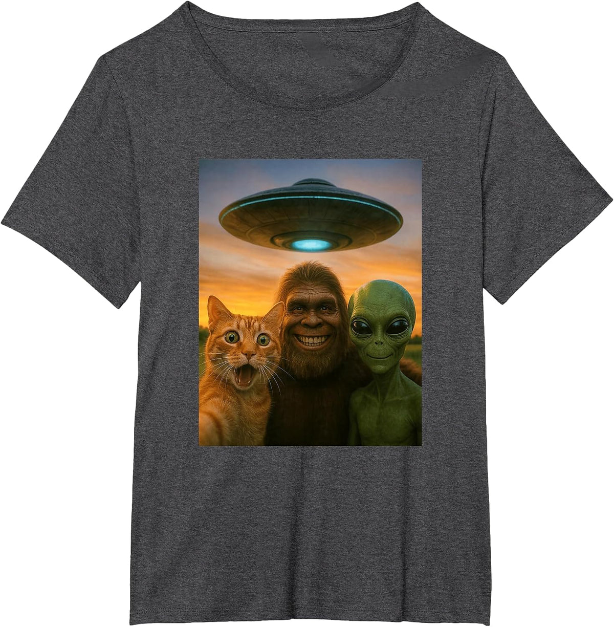 Orange Cat Selfie Bigfoot UFO Alien T-Shirt - Dark Heather Grey