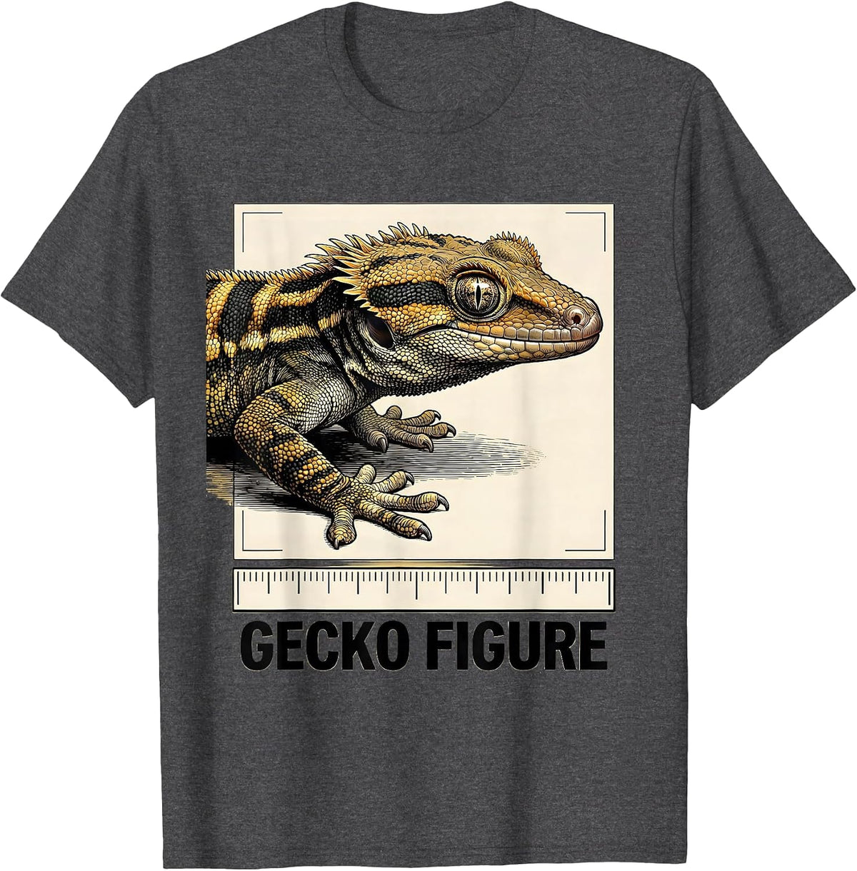 Gecko Figure Wood Type Letterpress Reptile Lover Humor T-Shirt - Dark Heather Grey