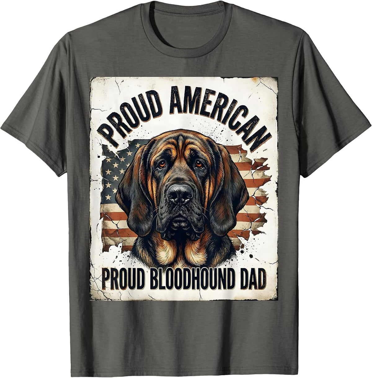 Men's Proud American, Proud Bloodhound Dad Distressed Patriotic T-Shirt - Asphalt Grey