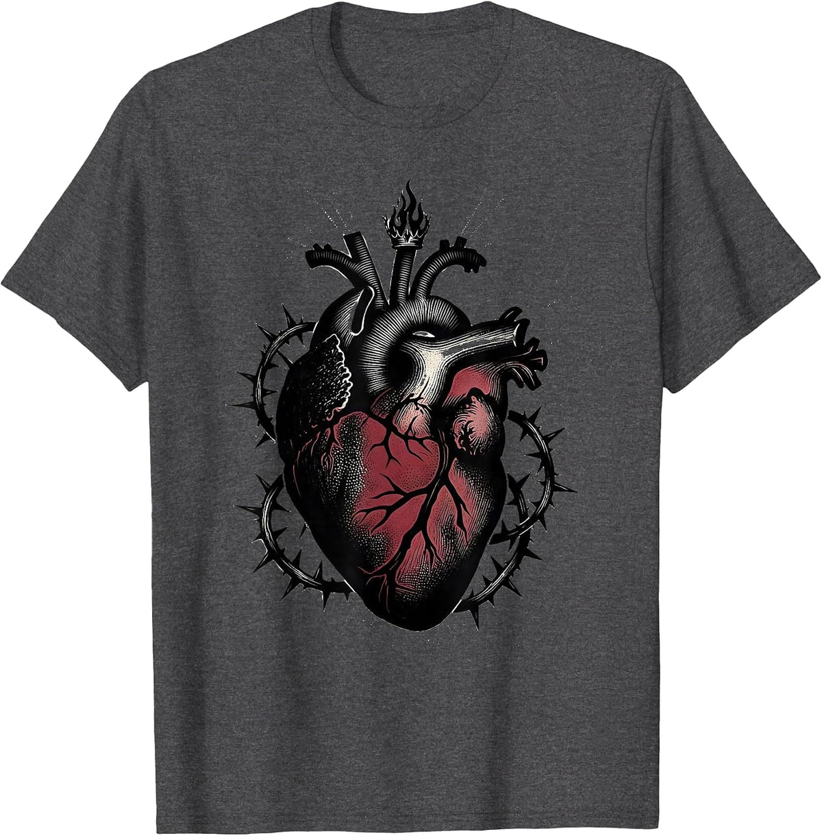 Sacred Heart Thorned Vines Religious Graphic T-Shirt - Dark Heather Grey