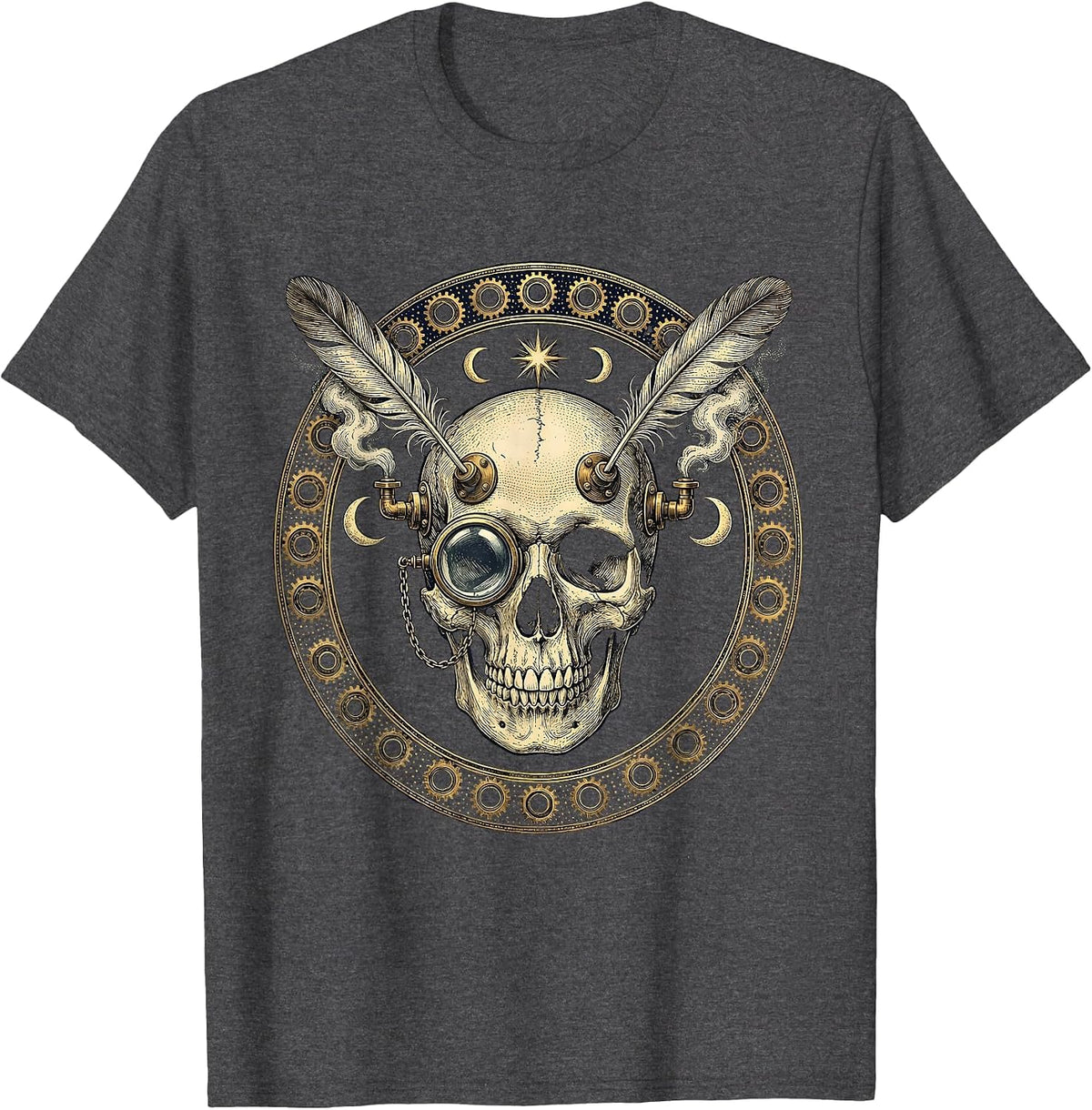 Steampunk Skull Monocle Steam Vent Gothic Art T-Shirt - Dark Heather Grey