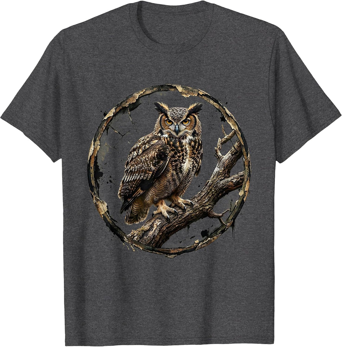 Men's Camo Owl Perched on Branch Nature Design T-Shirt - Dark Heather Grey