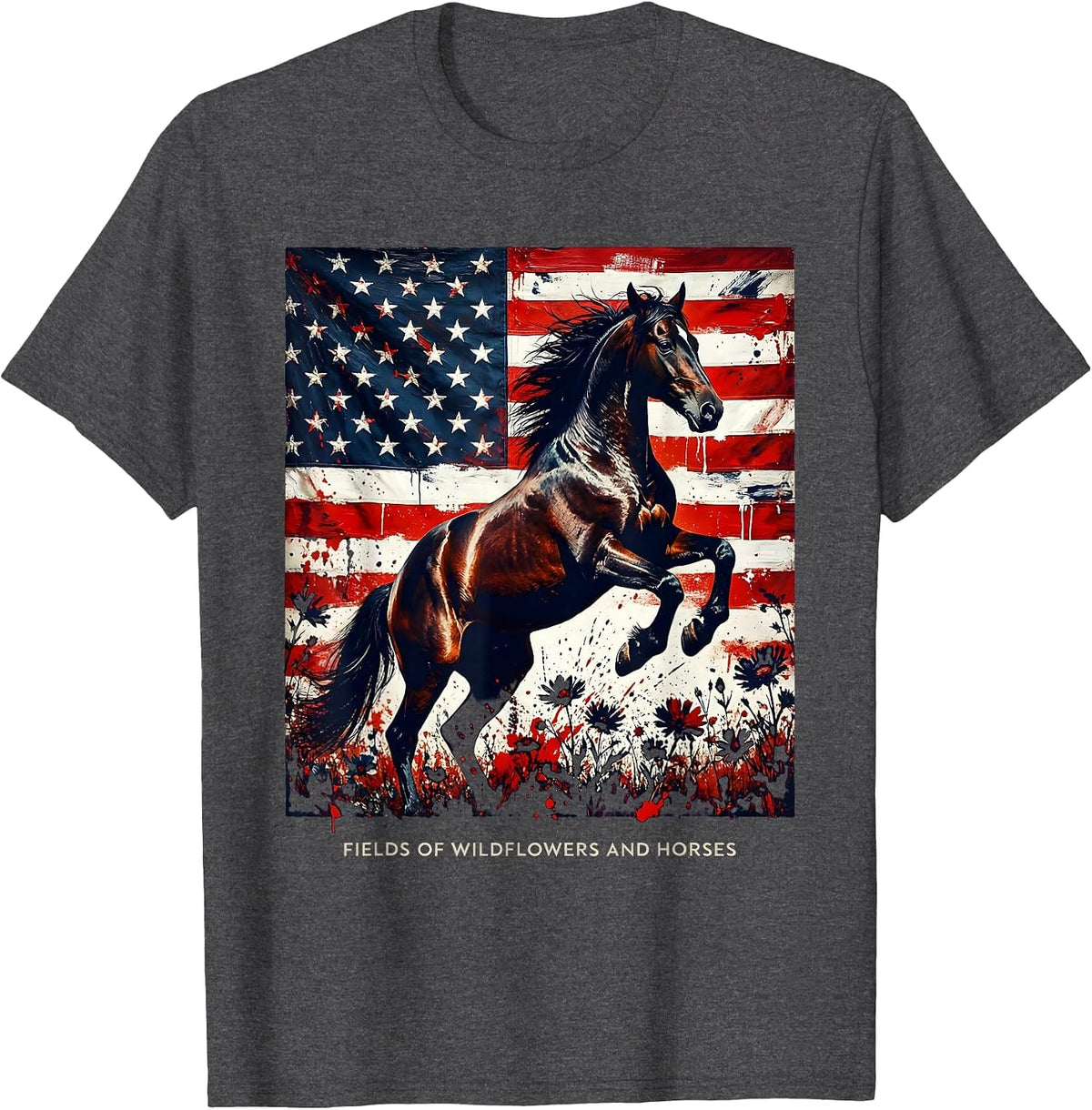 Fields of Wildflowers and Horses Girls Western Design T-Shirt - Dark Heather Grey