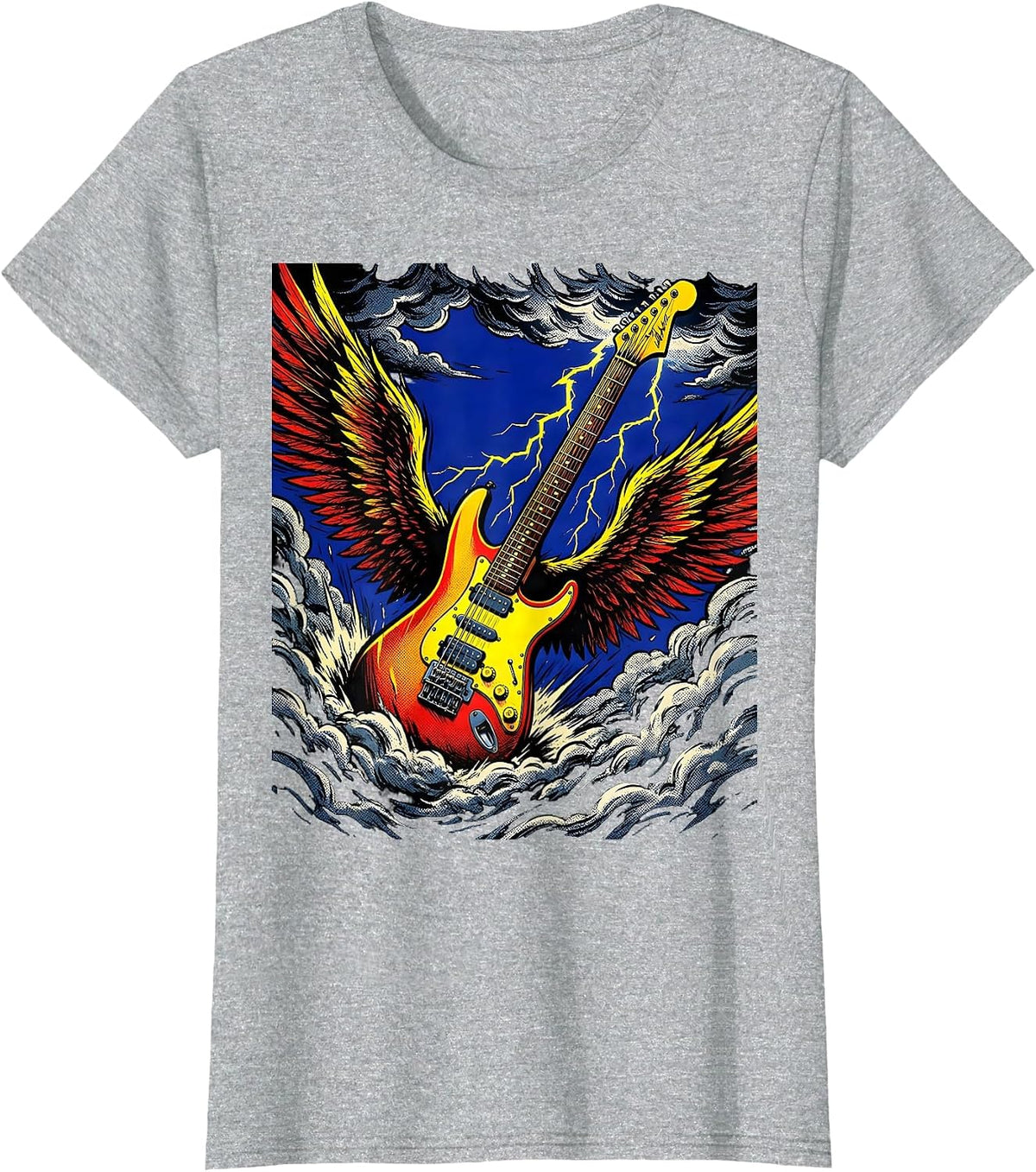 Winged Guitar Soaring Through Storm Clouds T-Shirt - Heather Grey