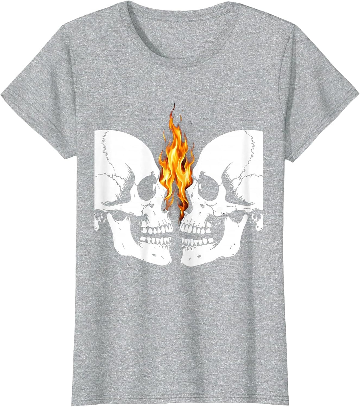 Dual Skull Flames Metal Band Graphic Design T-Shirt - Heather Grey