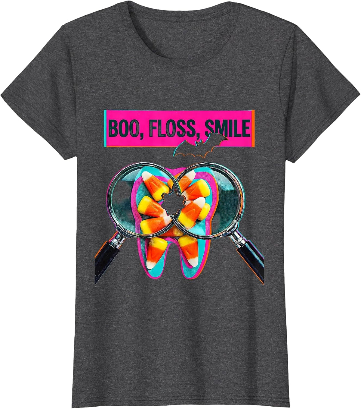 Women's Boo Floss Smile Risograph Dental Hygienist Halloween Humor T-Shirt - Dark Heather Grey