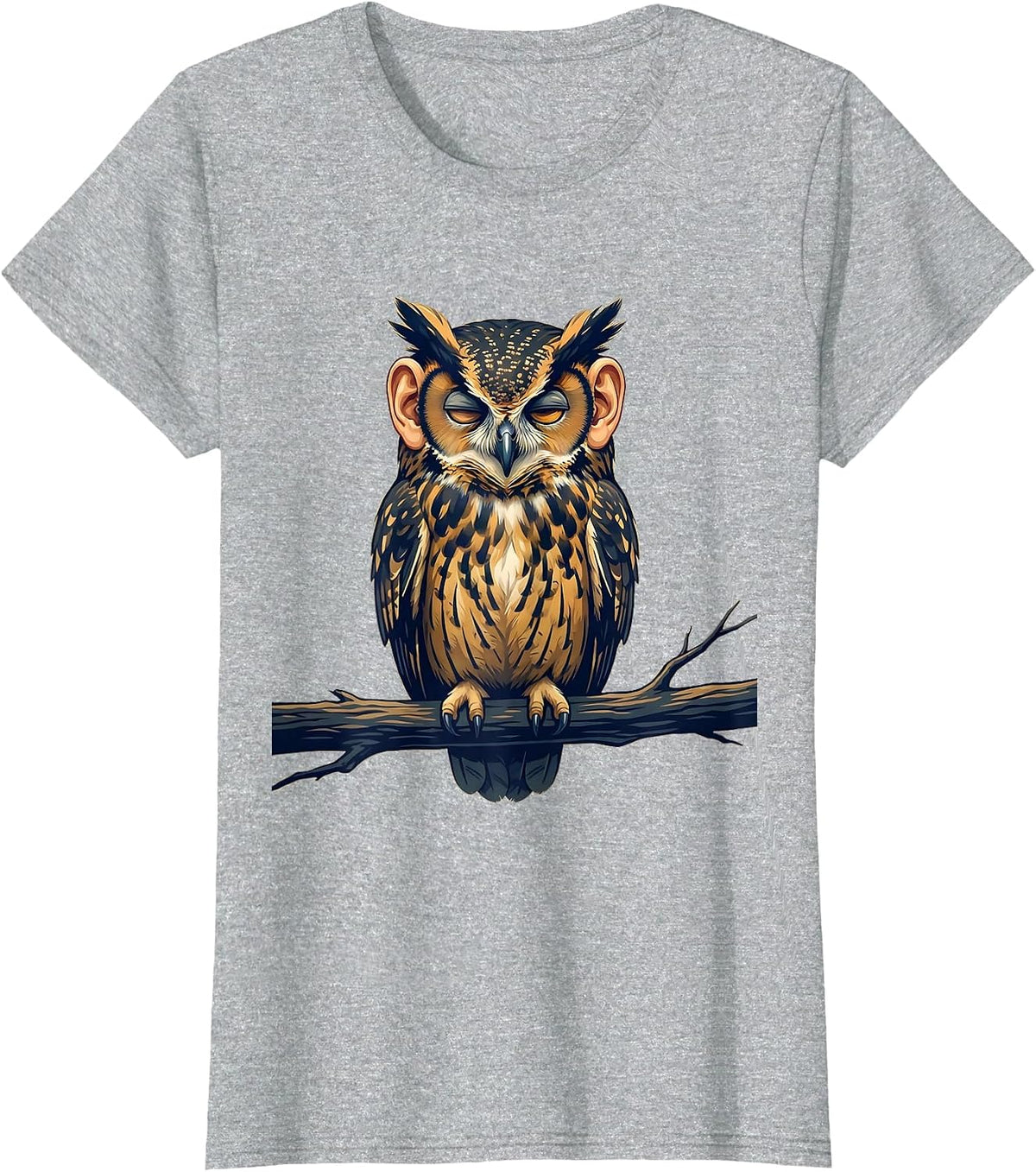 Owl Perched Eyes Wide Shut Graphic Design T-Shirt - Heather Grey