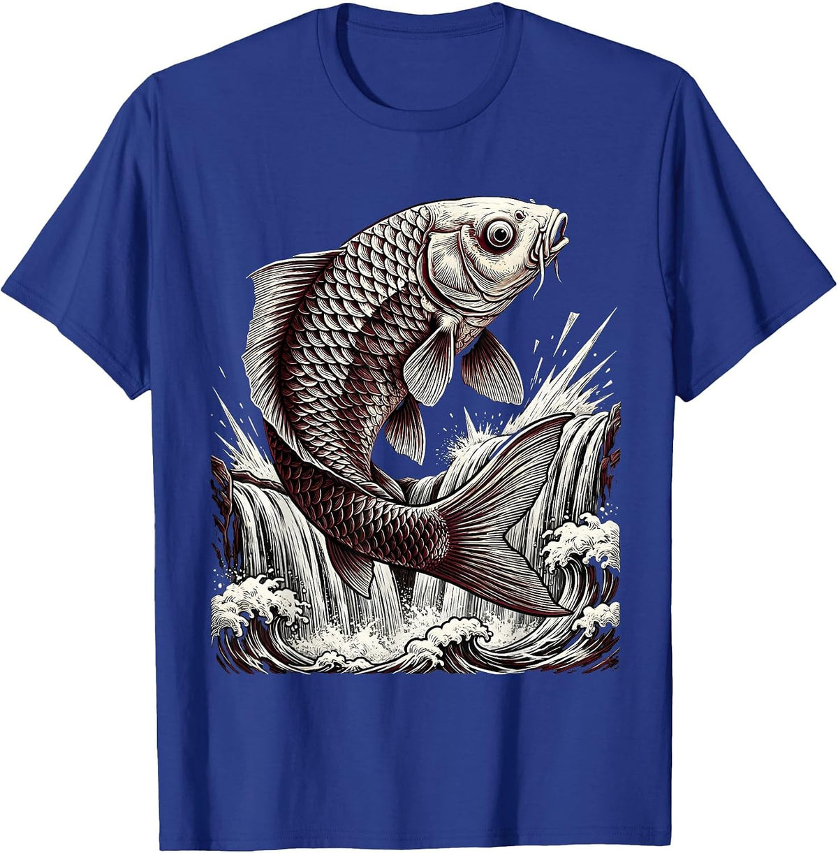 Men's Giant Koi Leaping Over Crashing Waterfall Anime T-Shirt - Royal Blue