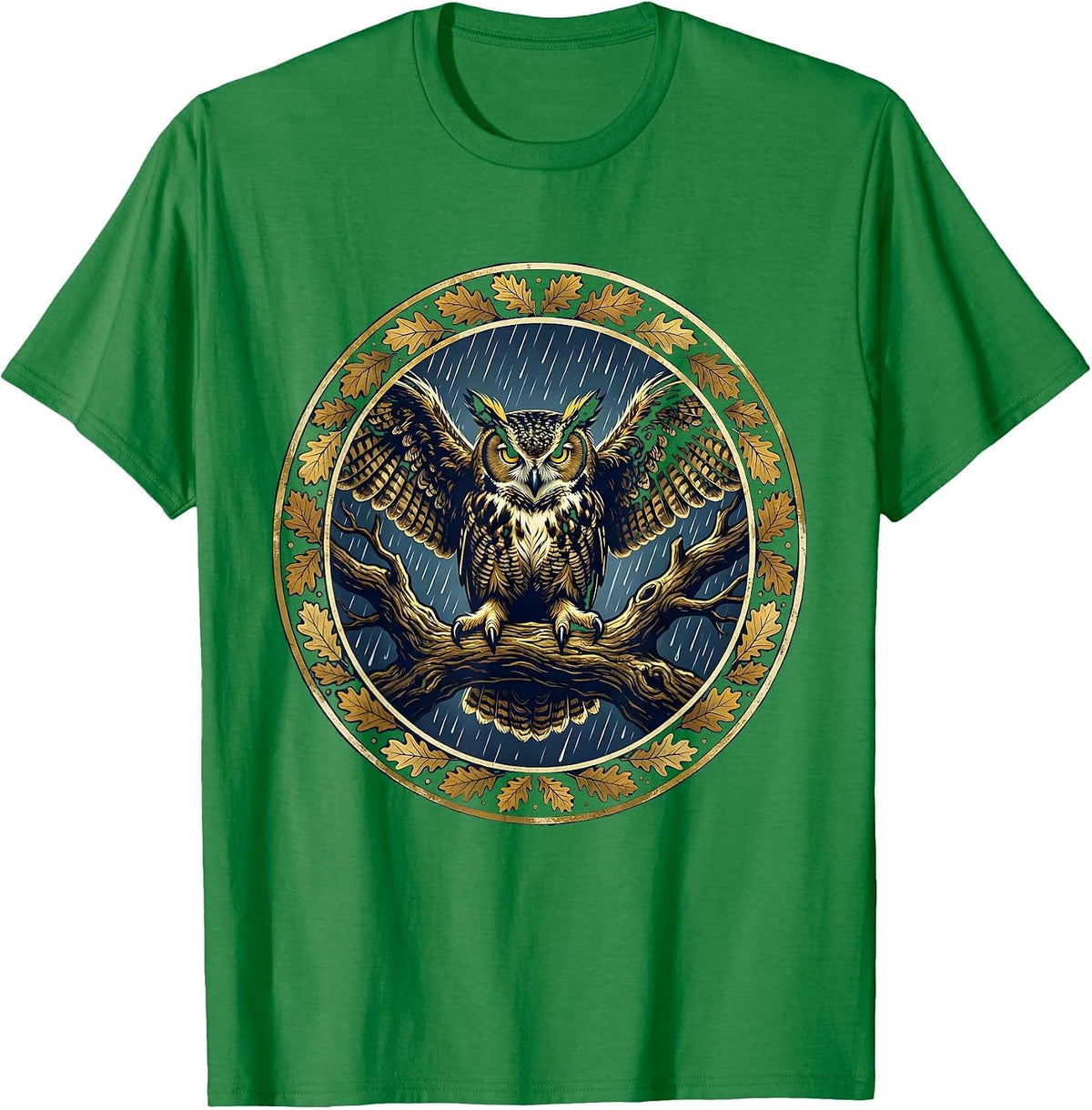 Men's Owl on Branch Rainy Night Fall Illustration T-Shirt - Kelly Green