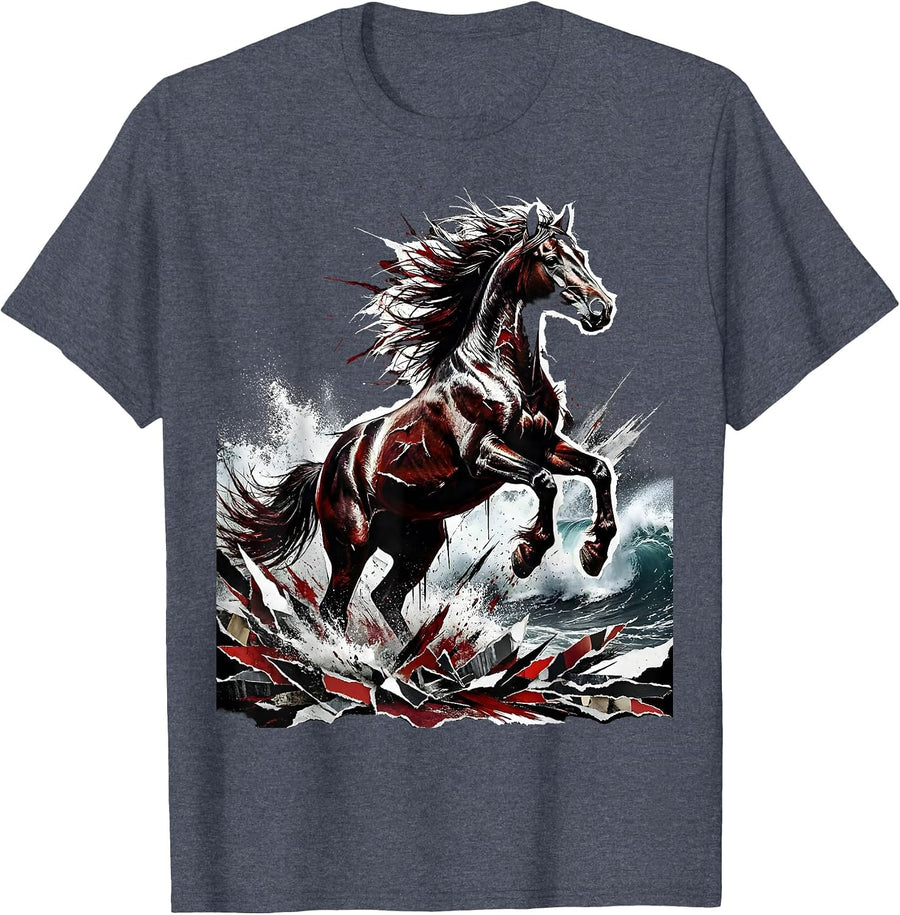 Wild Horse Galloping Through Crashing Ocean Waves T-Shirt - Heather Blue