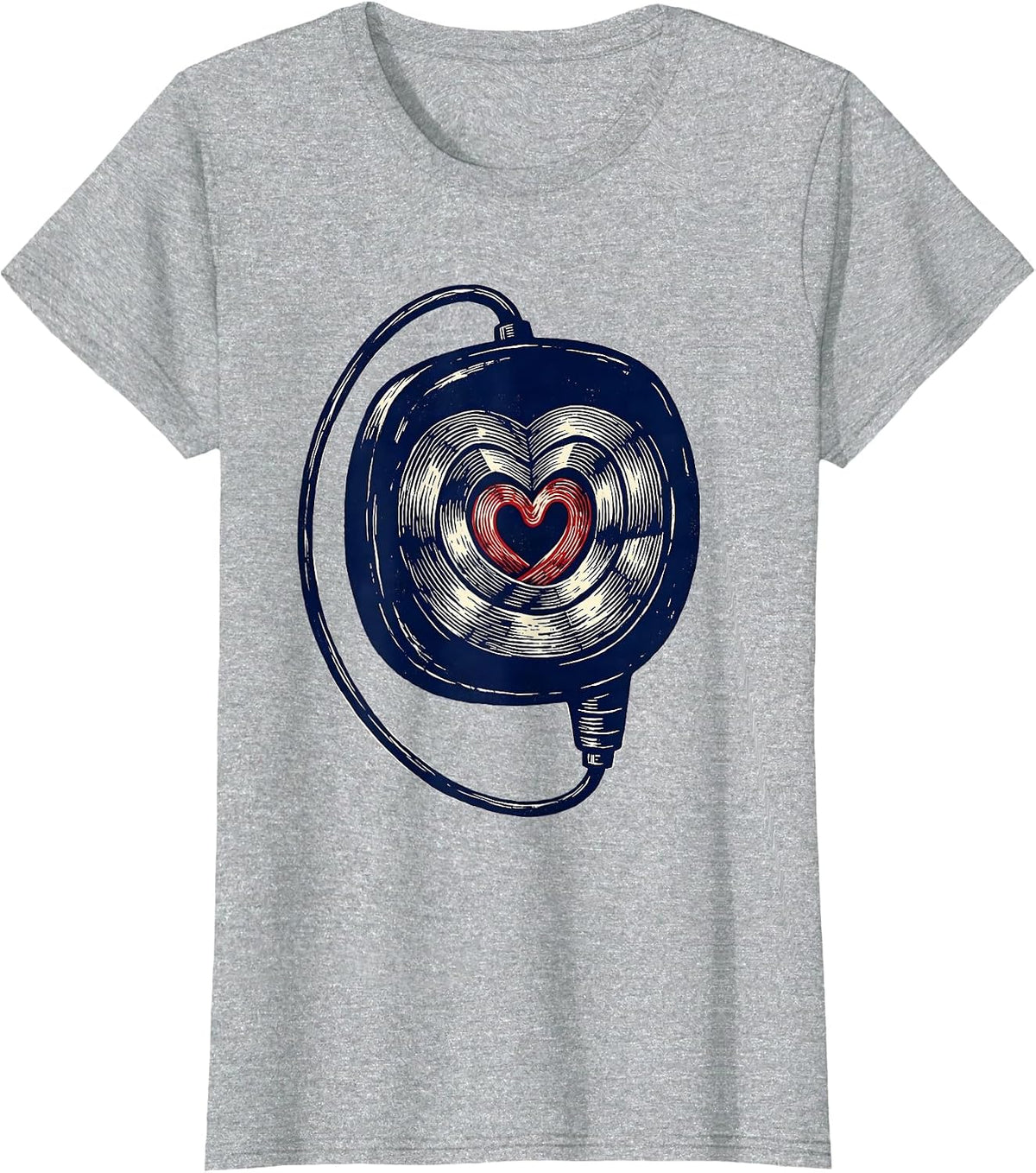 Oversized Fetal Monitor Transducer Heart Linocut Nurse T-Shirt - Heather Grey