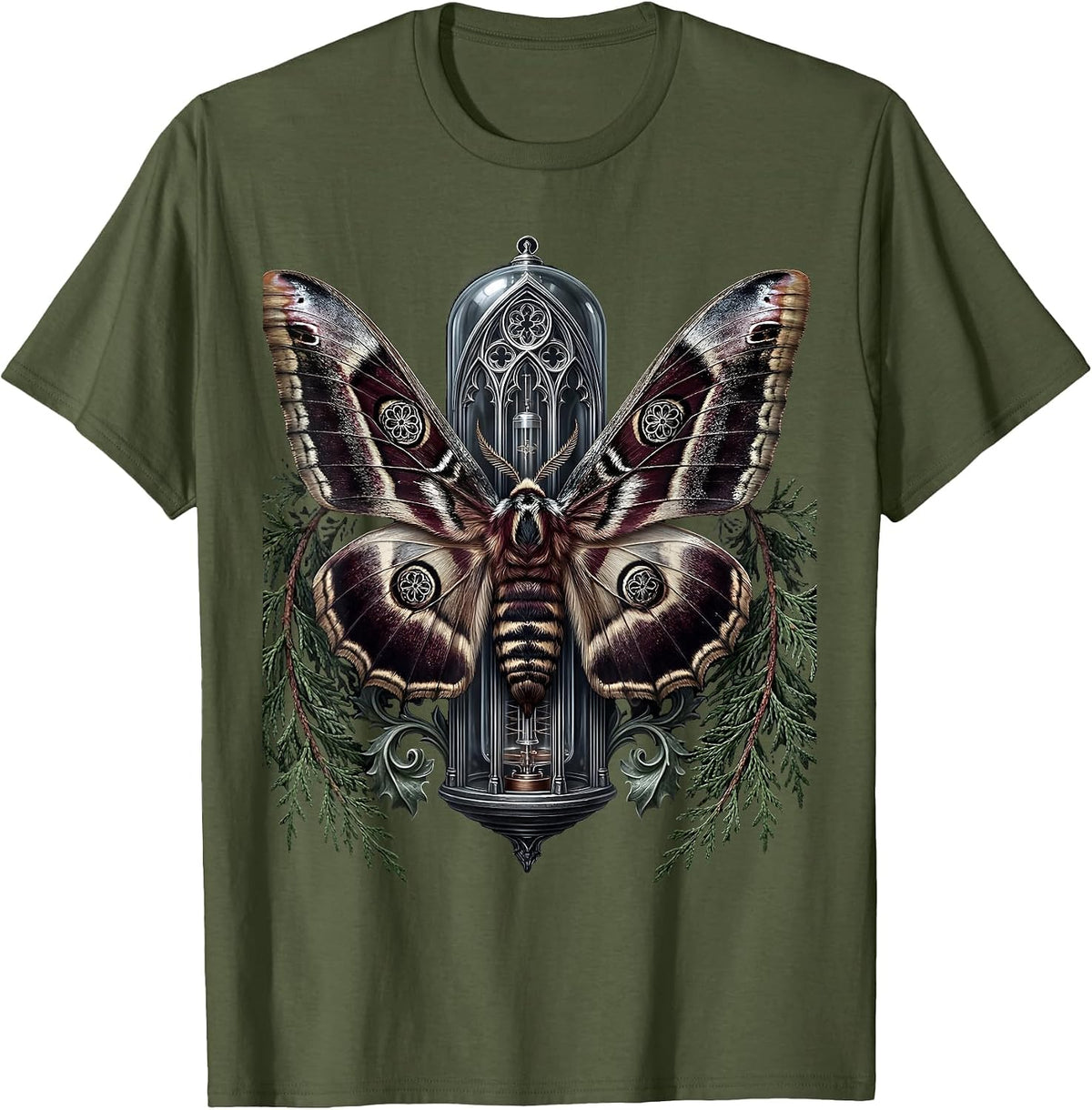 Moth and Vacuum Tube Punk Band Graphic T-Shirt - Olive Green