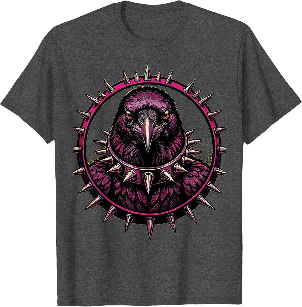 Punk Rock Crow Spiked Collar Graphic T-Shirt - Dark Heather Grey