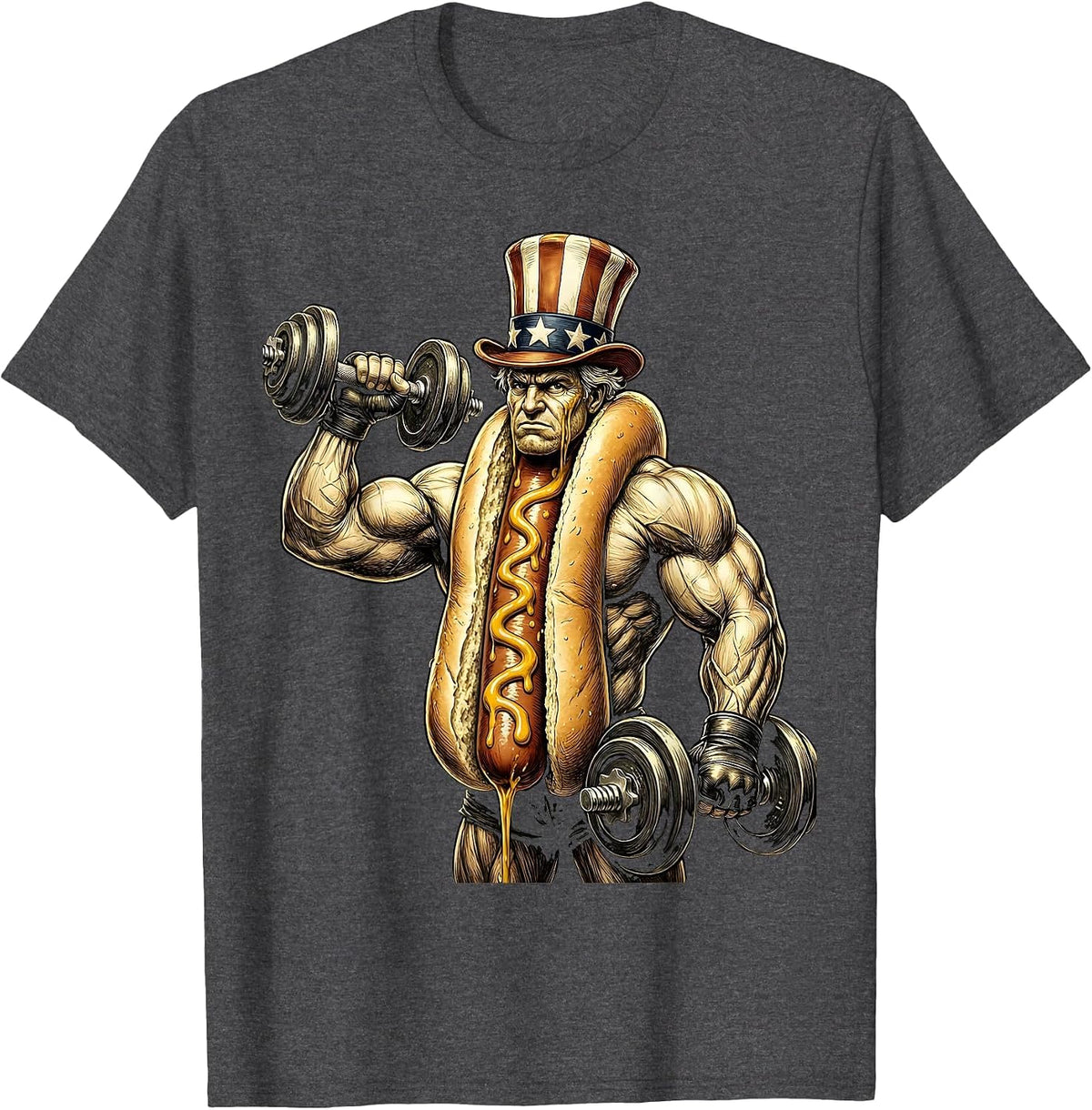 Men's Funny Hot Dog Bicep Curl Gym Workout Illustration T-Shirt - Dark Heather Grey