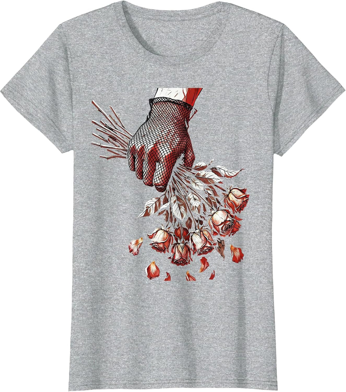 Fishnet Glove Dead Flowers Dark Aesthetic Graphic T-Shirt - Heather Grey
