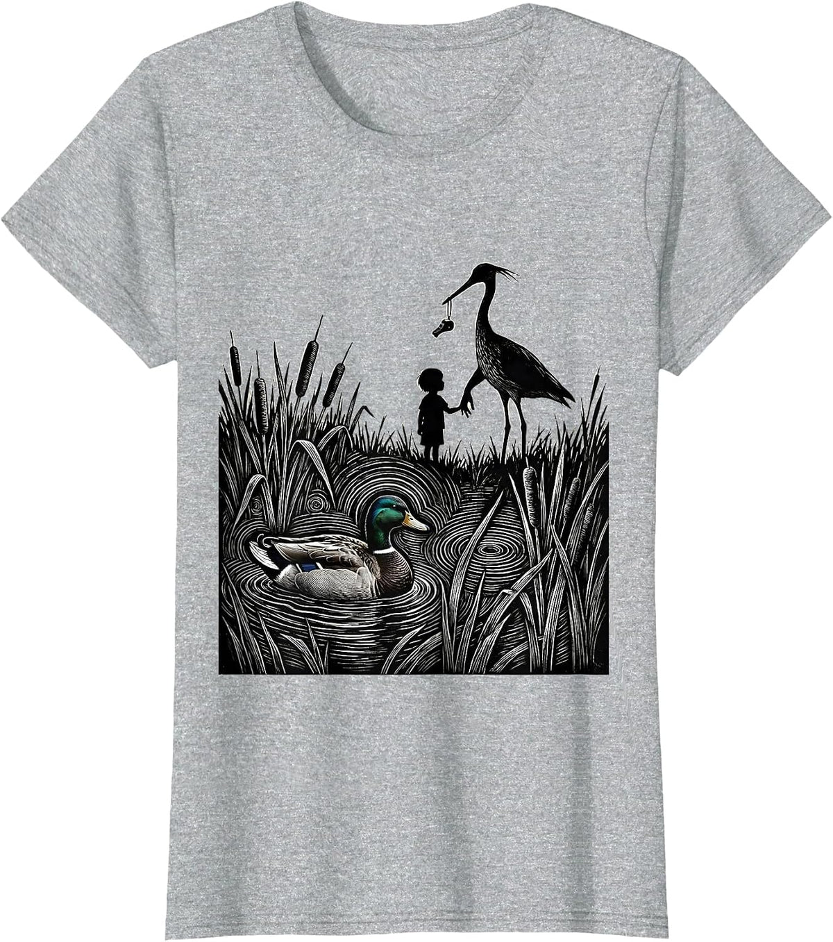 Women's Duck Hunting Mallard Family Silhouette Scratchboard Camo T-Shirt - Heather Grey