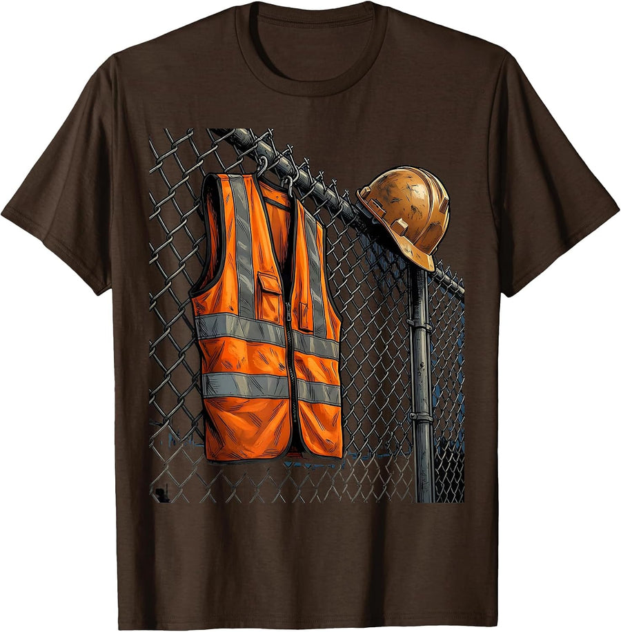 Safety Vest on Chain-Link Fence Blue Collar T-Shirt - Brown