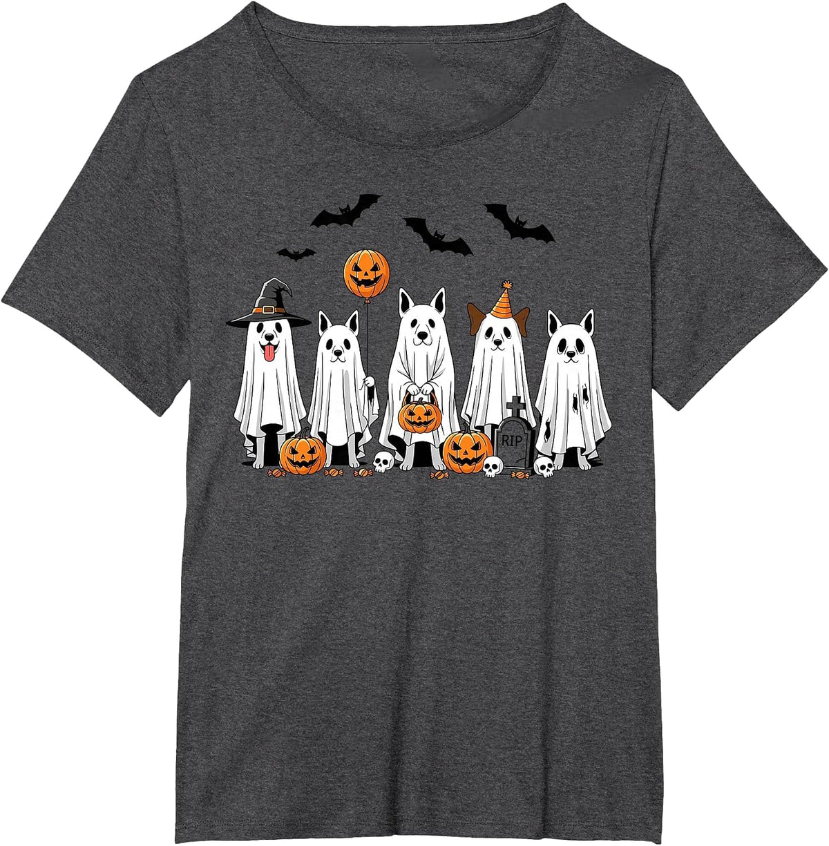 Halloween Ghost Dogs Pumpkin Candy Party Costume T-Shirt - Dark Heather Grey