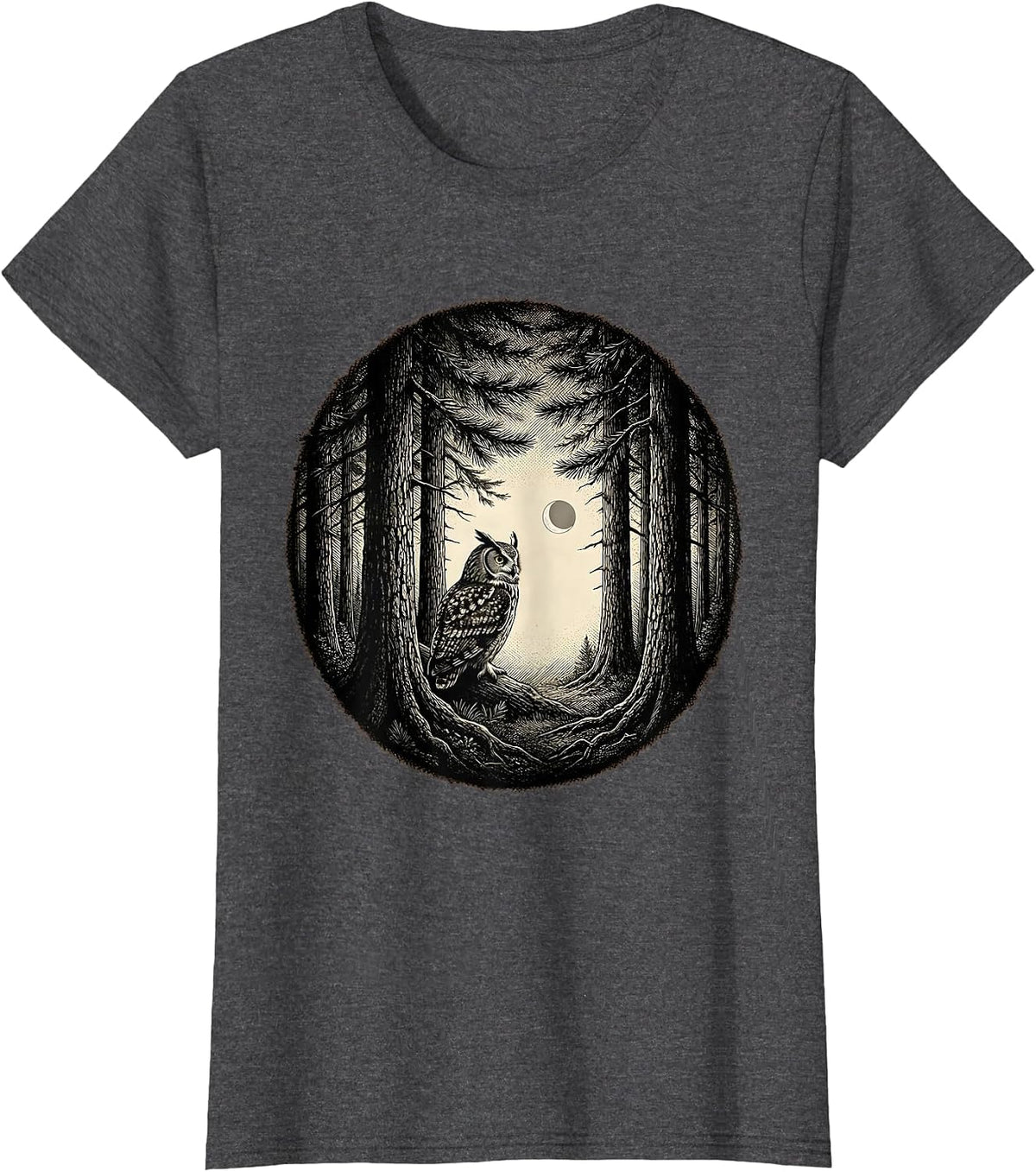 Women's Owl Woodland Silhouette Nature Reflection Forest T-Shirt - Dark Heather Grey