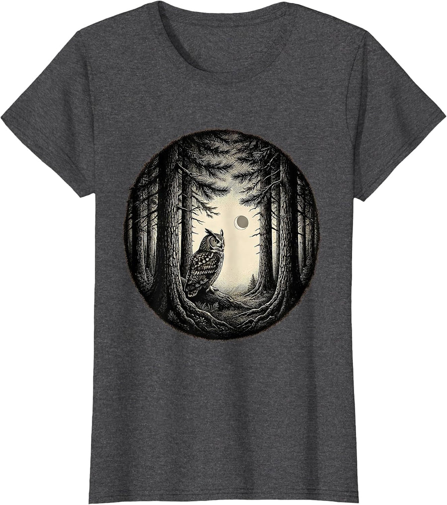 Women's Owl Woodland Silhouette Nature Reflection Forest T-Shirt - Dark Heather Grey