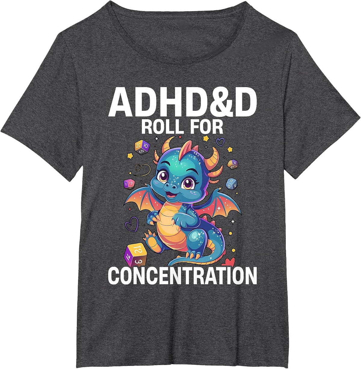 ADHD&D Roll for Concentration Cute Watercolor Dragon T-Shirt - Dark Heather Grey