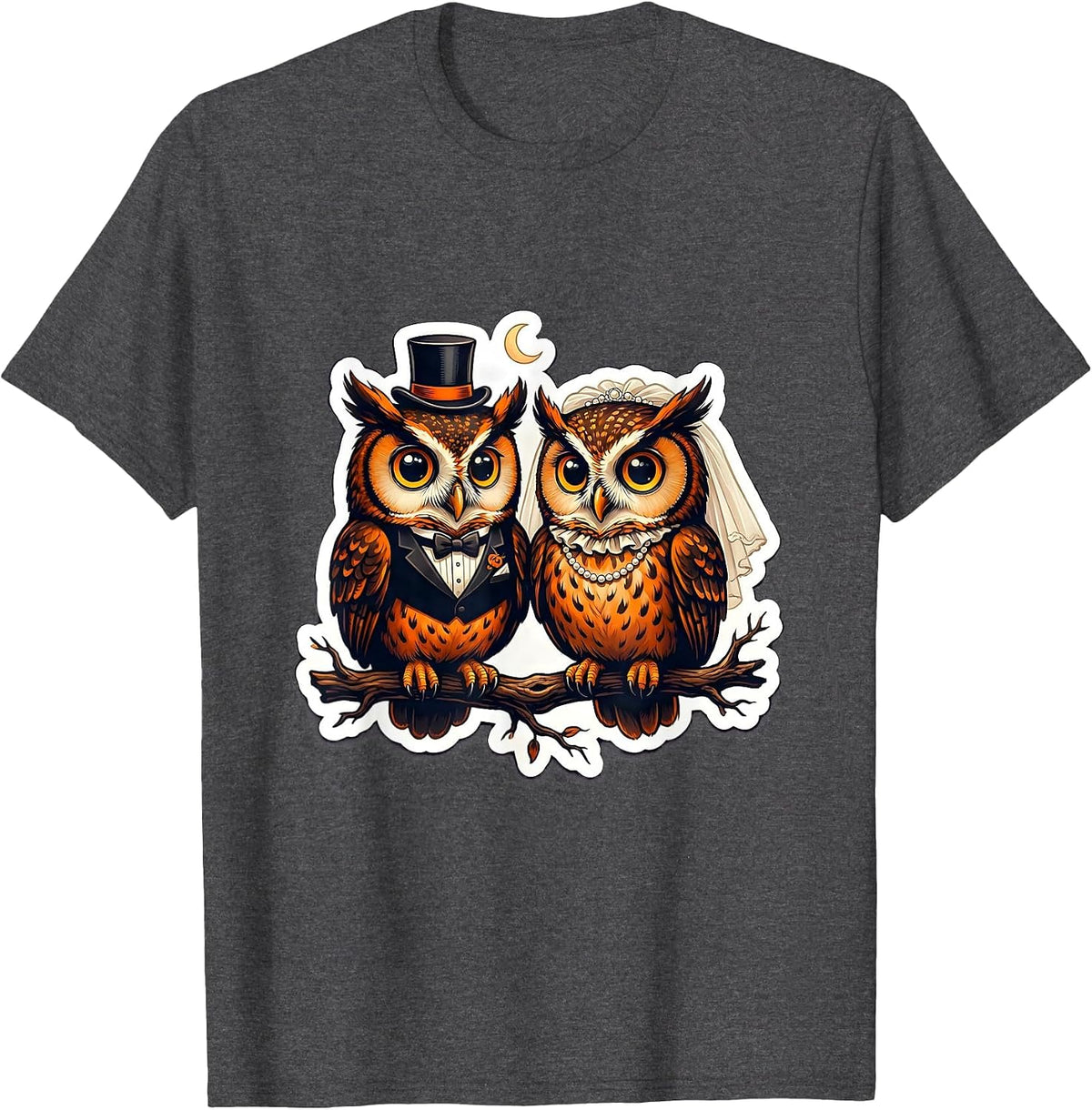 Halloween Couple Owl Bride and Groom Wedding Design T-Shirt - Dark Heather Grey