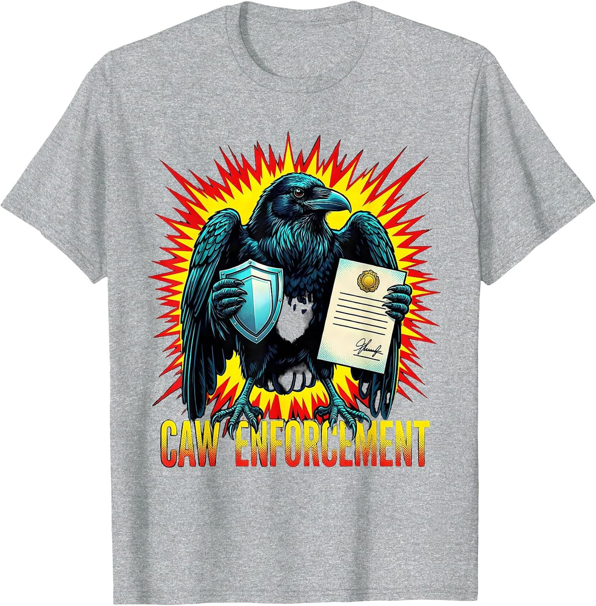 Men's Caw Enforcement Pop Art Dark Humor Gothic Crow Bird Lover T-Shirt - Heather Grey