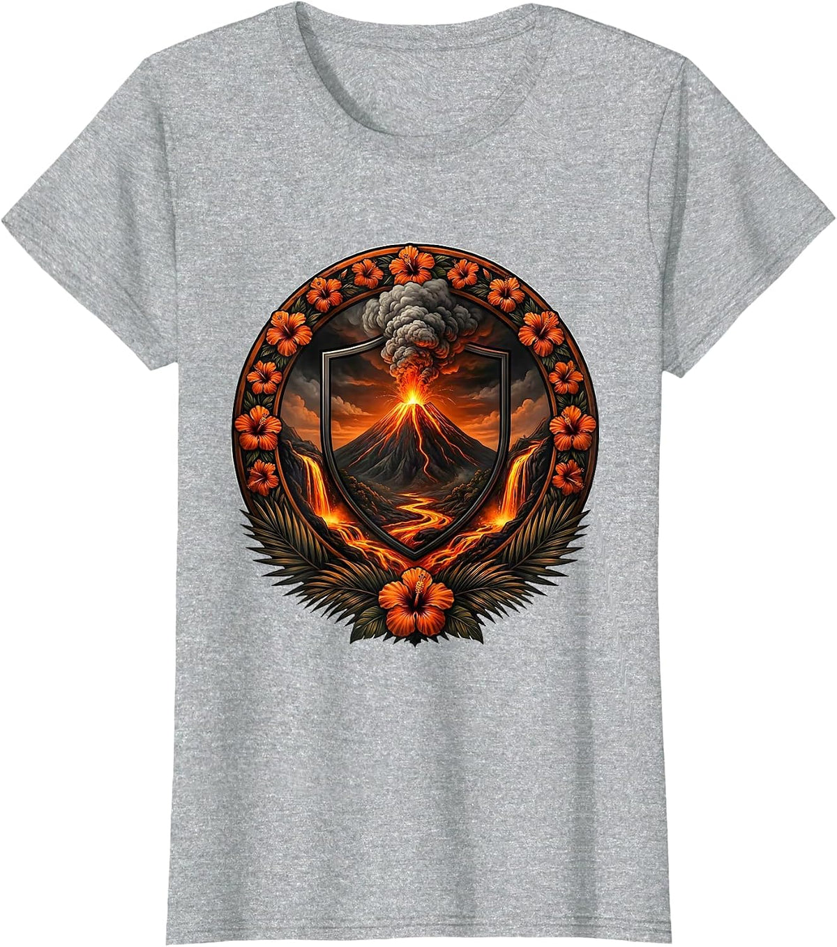 Women's Hawaiian Volcano Eruption Glowing Lava Flow Graphic T-Shirt - Heather Grey