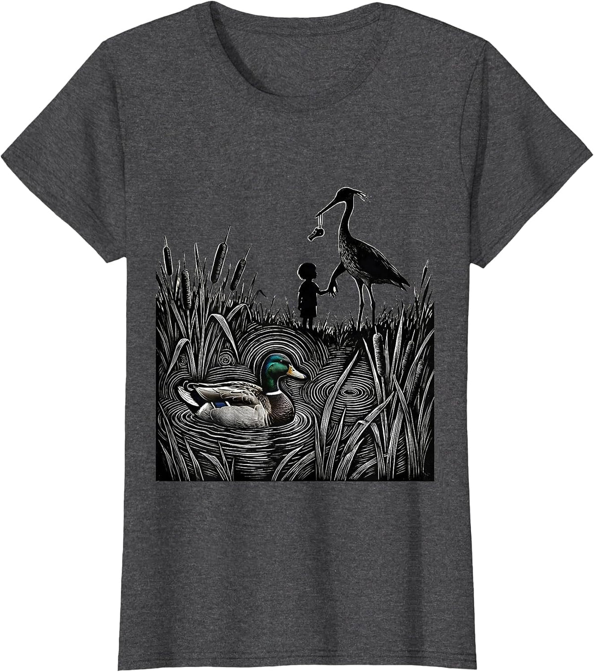 Women's Duck Hunting Mallard Family Silhouette Scratchboard Camo T-Shirt - Dark Heather Grey