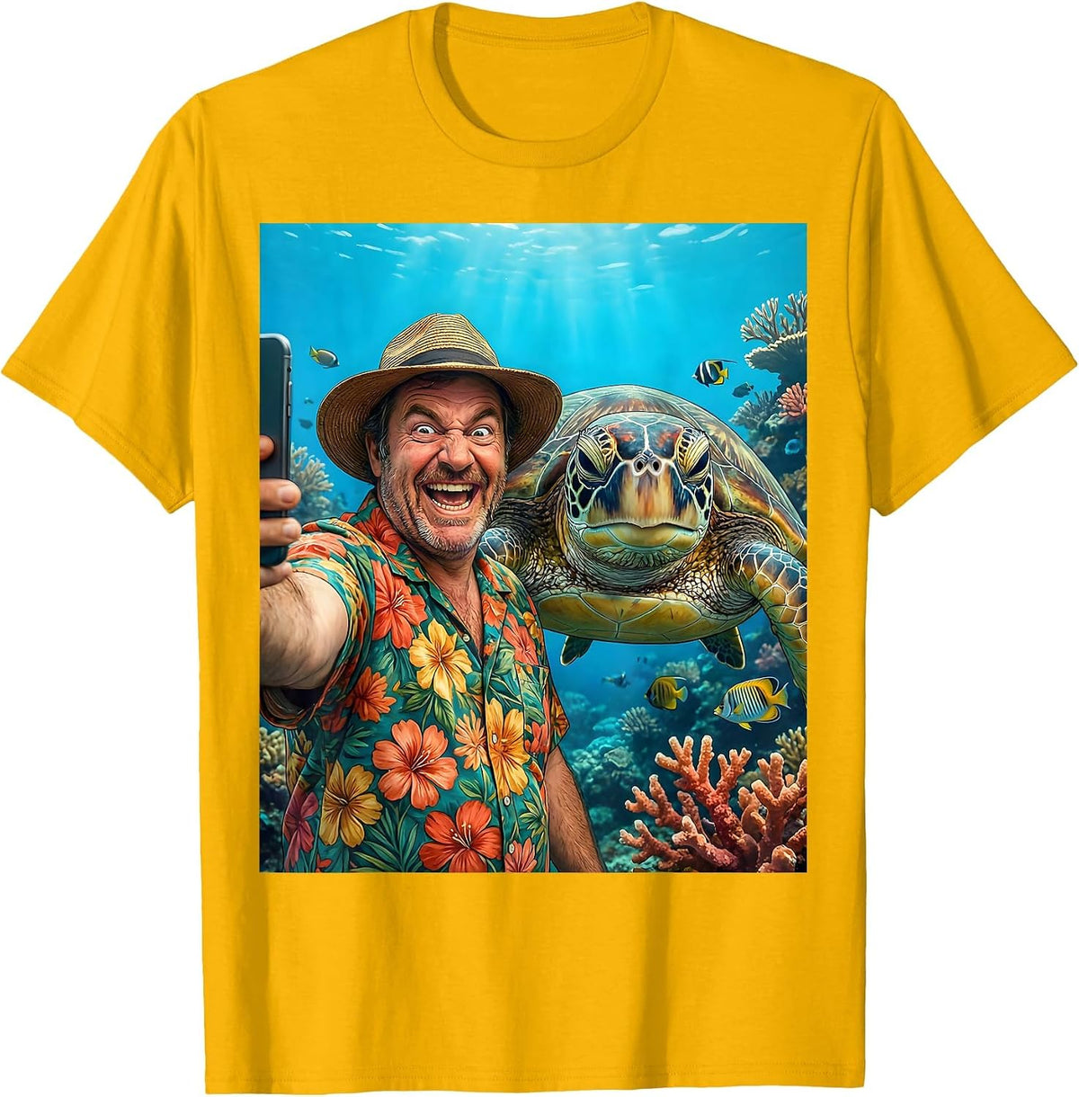 Funny Hawaiian Selfie With Sea Turtle Graphic T-Shirt - Golden Yellow