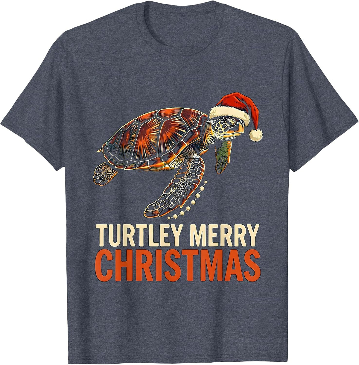 Turtley Merry Christmas Linocut Sea Turtle Lover Holiday T-Shirt - Heather Blue