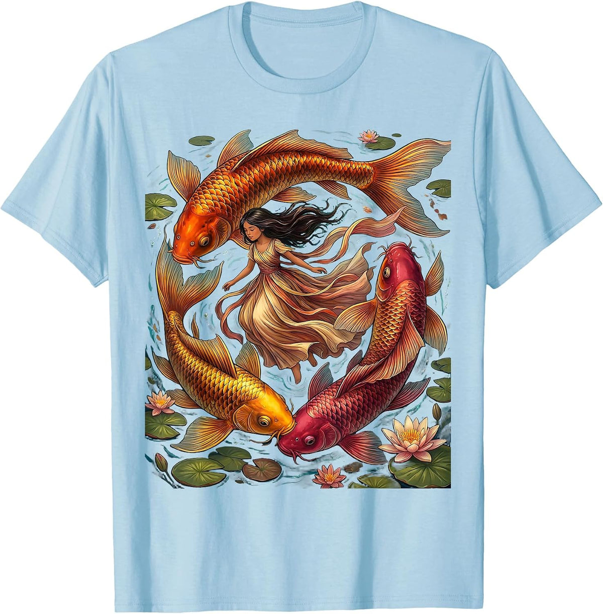Mexican Girl Swimming With Colorful Koi Fish Art T-Shirt - Baby Blue