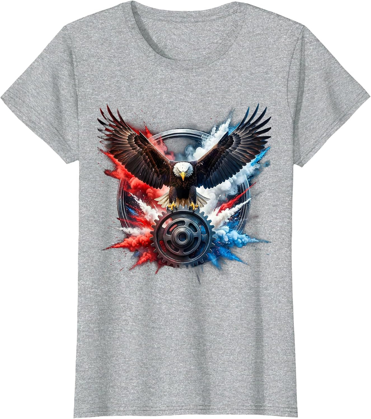 Bald Eagle Clutching Gear Cog Patriotic Design T-Shirt - Heather Grey
